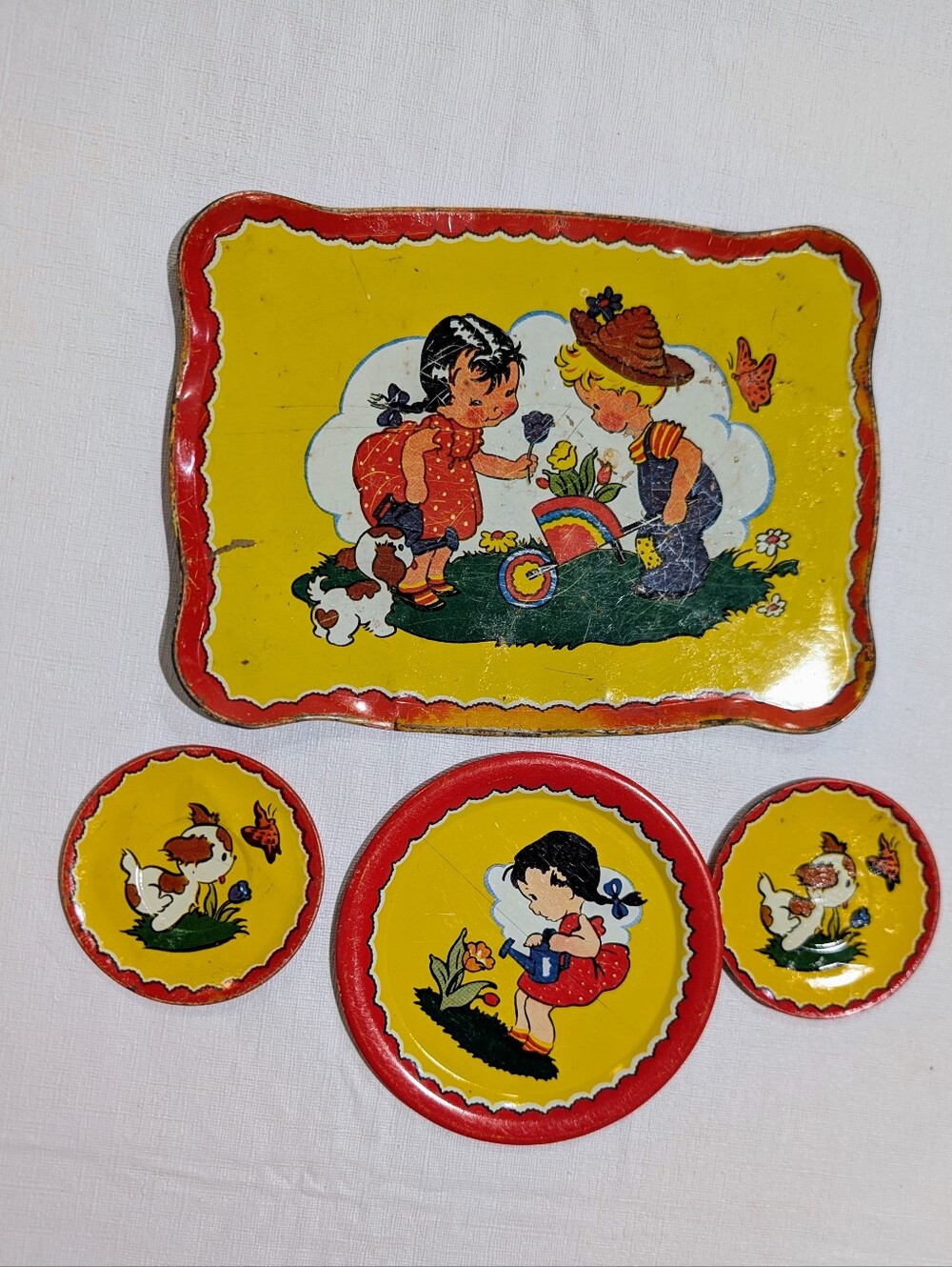 Vintage Ohio Art Tin Litho Child Tea Set  #173 Kitchen Playset w 4 pieces